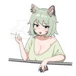 1:1 2026 aliasing animal_humanoid big_breasts black_ear_tips breasts cat_humanoid chainsmoker_cat cigarette cigarette_box cigarette_smoke cleavage clothed clothing cockati digital_media_(artwork) dipstick_ears ear_markings ear_piercing ear_ring felid felid_humanoid feline feline_humanoid female green_clothing green_hair green_shirt green_topwear hair holding_cigarette holding_object humanoid inner_ear_fluff looking_at_viewer mammal mammal_humanoid markings multicolored_ears open_mouth piercing ring_piercing shirt short_hair simple_background smoke smoke_from_mouth smoking smoking_cigarette solo topwear tuft white_background yaniko_satou yellow_eyes