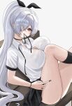  1girl absurdres black_choker black_nails black_ribbon black_skirt black_socks blush bow breasts choker cinderella_(nikke) commentary_request goddess_of_victory:_nikke hair_bow hair_over_one_eye highres large_breasts long_hair looking_at_viewer mouth_hold parted_lips ponytail red_eyes ribbon ribbon_in_mouth school_uniform shirt short_sleeves simple_background sitting skirt socks solo sunameri_(pixiv3564245) very_long_hair white_hair white_shirt 