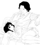  1boy 1girl antenna_hair couch eye_contact genshiken greyscale half-closed_eyes hand_on_another's_shoulder haraguchi_(genshiken) highres hime_cut hood hoodie kano_kino lap_pillow lineart long_hair looking_at_another monochrome nose oc_x_canon on_couch original short_shorts shorts smile solid_eyes suwa_machi_(kano_kino) thick_eyebrows 