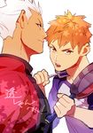  archer bad_id bad_pixiv_id brown_eyes dark_skin dark_skinned_male emiya_shirou fate/stay_night fate_(series) frying_pan kimidake male_focus multiple_boys orange_hair raglan_sleeves red_hair spatula white_hair yellow_eyes 