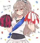  1girl black_unitard blush bow breasts cheerleader closed_mouth commentary confetti covered_navel english_commentary english_text female_corrin_(cheer_power)_(fire_emblem) female_corrin_(fire_emblem) fire_emblem fire_emblem_fates fire_emblem_heroes grey_hair hair_bow hands_up herdwicoco highres long_hair looking_at_viewer medium_breasts official_alternate_costume official_alternate_hairstyle pointy_ears pom_pom_(cheerleading) ponytail red_eyes shirt skirt sleeveless sleeveless_shirt smile solo upper_body very_long_hair white_background white_shirt white_skirt 