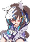  1girl absurdres akkunz animal_ears blue_hair blush bow bowtie brown_hair closed_eyes colored_inner_hair commentary_request daitaku_helios_(umamusume) ear_covers fang hair_between_eyes hair_ornament hairclip headpat highres horse_ears horse_girl horse_tail horseshoe_ornament large_bow long_hair long_sleeves multicolored_hair open_mouth pleated_skirt purple_shirt purple_skirt school_uniform shirt side_ponytail simple_background sitting skirt star_(symbol) star_hair_ornament streaked_hair tail tracen_school_uniform two-tone_hair umamusume white_background white_bow white_bowtie winter_uniform 