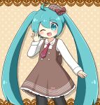  1girl :d ;d ahoge aqua_eyes aqua_hair black_pantyhose blush bow brown_bow brown_dress brown_hat collared_shirt commentary_request cowboy_shot double-parted_bangs dress drop_shadow hair_between_eyes hand_up hat hat_bow hatsune_miku highres long_hair long_sleeves looking_at_viewer mini_hat necktie nukotun one_eye_closed open_mouth pantyhose piano_girl_(vocaloid) pinafore_dress polka_dot polka_dot_background red_bow red_necktie shirt sleeveless sleeveless_dress smile solo striped_bow twintails very_long_hair vocaloid white_shirt yellow_background 
