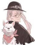  1boy bandana black_haori dog fate/grand_order fate_(series) fedora glasses hair_between_eyes hanasaka_no_okina_(fate) haori hat highres japanese_clothes long_hair long_hair_between_eyes looking_at_viewer male_focus pako_(pakosun) pink_bandana pink_eyes pink_hair smile very_long_hair white_dog 