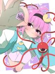  1girl black_hairband blue_shirt blush buttons closed_mouth collared_shirt commentary disembodied_linked_eye eyeball hair_between_eyes hair_ornament hairband heart heart_button heart_hair_ornament highres komeiji_satori long_sleeves looking_at_viewer medium_hair ok_sign pink_eyes pink_hair pink_skirt pink_slippers purple_background shirt skirt slippers soesoe300 solo touhou wide_sleeves 