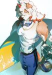  1boy animal_ears arknights ball bara blue_pants chinese_commentary closed_mouth colored_tips commentary_request dog_ears dog_tail english_text furry furry_male goggles goggles_around_neck happy_birthday highres holding holding_surfboard horns hung_(arknights) komainu_boy looking_to_the_side male_focus multicolored_hair muscular muscular_male pants pectorals roru_(roru39) shirt single_horn sleeveless sleeveless_shirt surfboard tail tank_top volleyball_(object) wading wet white_background white_shirt white_tank_top 