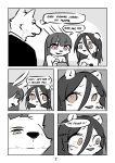 absurd_res anthro black_and_white blush blush_lines bodily_fluids bouncer brown_eyes canid canine canis cherry_the_rabbit clothing comic comic_panel dialogue english_text eulipotyphlan female green_eyes group hedgehog hedgehog_girl_(kyogummi) hi_res intimate kyogummi lagomorph leporid male male/female mammal monochrome pink_eyes rabbit red_eyes speech_bubble suit sweat sweatdrop text wolf wolf_(kyogummi)