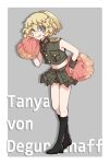  1girl :p blonde_hair blue_eyes boots character_name cheerleader commentary_request crop_top full_body hal_(goshujinomocha) highres looking_at_viewer midriff miniskirt navel one_eye_closed pleated_skirt pom_pom_(cheerleading) short_hair skirt solo standing tanya_degurechaff tongue tongue_out youjo_senki 