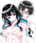  1boy 1girl black_hair blood blue_hair blush breasts collarbone colored_inner_hair commentary eyeliner fate/grand_order fate_(series) grabbing_another's_breast grey_eyes groping hakka_man hetero highres long_hair looking_at_viewer makeup medium_breasts multicolored_hair nipples nosebleed short_hair sidelocks smile tenochtitlan_(fate) 