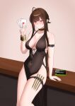  1girl absurdres ahoge arm_strap black_dress blush bracelet breasts brown_hair call_of_duty card commentary covered_navel dress dsr-50_(girls'_frontline) english_commentary feet_out_of_frame girls'_frontline girls'_frontline_2:_exilium halter_dress halterneck highres holding holding_card jewelry large_breasts leaning_back leaning_on_table long_hair looking_at_viewer loreley_(girls'_frontline_2) pelvic_curtain playing_card red_eyes sleeveless sleeveless_dress solo undercoder weapon_in_garters 