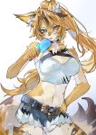  1girl :p absurdres animal_ears black_choker blonde_hair blue_shirt breasts cat_ears cat_girl choker cleavage commentary_request food fur-trimmed_shorts fur_trim furry furry_female gradient_background green_eyes grey_background hand_on_own_hip highres holding holding_food holding_popsicle inishie_no_tanaka long_hair looking_at_viewer medium_breasts midriff mole mole_on_stomach navel ponytail popsicle pulchra_fellini shirt shorts solo tongue tongue_out white_shirt zenless_zone_zero 
