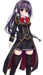  1girl aiguillette belt belt_pouch black_belt black_boots black_jacket black_thighhighs boots bow bowtie breasts brooch buttons double-breasted game_asset gold_trim hair_bow hair_intakes highres jacket jewelry long_hair long_sleeves medium_breasts military_dress_uniform military_uniform miniskirt non-web_source official_art pocket ponytail pouch prism_recollection! purple_hair red_bow red_bowtie red_eyes shintarou shirt shoulder_boards skirt tachi-e tailcoat thigh_boots thighhighs transparent_background veronica_adelheid_heinzel white_shirt zettai_ryouiki 