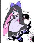  >_< 1boy 1girl ahoge apron aqua_eyes arms_behind_back art_program_in_frame bakedgyul black_dress black_hair black_pantyhose black_socks blunt_bangs blush bow breasts chibi chibi_inset clip_studio_paint clip_studio_paint_(medium) colored_inner_hair commentary_request dot_nose dress dress_bow expressionless flying_sweatdrops frilled_apron frills frown full_body hair_bow hair_over_one_eye head_tilt heart heart_ahoge highres korean_commentary korean_text large_bow large_breasts leg_up long_dress long_hair long_sleeves looking_at_viewer loose_hair_strand maid maid_apron multicolored_hair oc_x_canon one_eye_covered original panty_&amp;_stocking_with_garterbelt pantyhose parted_lips petticoat pink_hair pink_streaks purple_bow purple_pantyhose raised_inner_eyebrows screenshot short_hair simple_background socks solo_focus standing standing_on_one_leg stocking_(psg) straight_hair streaked_hair striped_clothes striped_pantyhose toon_(style) translation_request triangle_mouth two-tone_hair two-tone_pantyhose upwards_triangle_mouth very_long_hair white_apron white_background white_bow 