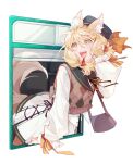  1girl animal_ear_fluff animal_ears argyle_clothes argyle_sweater arknights arknights:_endfield black_hat blonde_hair blush brown_sweater_vest commentary cowboy_shot erhuo happy hat highres long_sleeves medium_hair open_mouth rossi_(arknights) simple_background skirt solo sweater sweater_vest tail through_window untranslatable_commentary white_background white_skirt wolf_ears wolf_girl wolf_tail yellow_eyes 