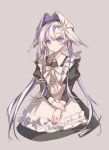  1girl :o apron black_dress blue_eyes blue_hair bow bowtie chinese_commentary colored_inner_hair commentary_request cropped_legs dress grey_background hair_intakes hair_ornament highres holding_own_wrist juliet_sleeves long_sleeves looking_at_viewer multicolored_hair prototype_design puffy_sleeves reverse:1999 school_uniform solo soviet_school_uniform star_(symbol) star_hair_ornament tansuangai_fenmo twintails voyager_(reverse:1999) white_apron white_bow white_bowtie white_hair 