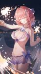  1girl absurdres beach bikini bikini_skirt breasts chinese_commentary cleavage commentary_request fireworks hair_intakes highres holding holding_fireworks large_breasts medium_hair navel night one_eye_closed pink_eyes pink_hair purple_skirt remielle_dan skirt smile solo stomach swimsuit white_bikini white_wings wings z-bow zenless_zone_zero 