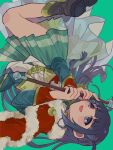  1girl :d absurdres ankle_boots ascot badge belt belt_buckle blue_eyes blue_hair blunt_bangs blunt_ends blush_stickers boots buckle commentary dot_nose floating full_body fur-trimmed_jacket fur_trim gold_belt green_background green_jacket green_skirt grey_boots hands_up highres holding holding_weapon jacket jacket_on_shoulders kayanon_no lapels legs_together long_hair long_sleeves looking_up love_judgement_(mace) miniskirt multicolored_jacket open_mouth pleated_skirt red_jacket red_sash revision sash shirt shoujo_kageki_revue_starlight shoulder_sash simple_background single_horizontal_stripe skirt smile solo star_(symbol) striped_clothes striped_skirt tassel tsuyuzaki_mahiru two-sided_fabric two-sided_jacket two-tone_jacket two_side_up untranslatable_commentary upside-down waist_cape weapon white_ascot white_shirt yellow_jacket yellow_trim 
