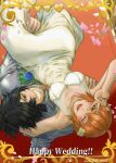  1boy 1girl :v absurdres black_hair bride brown_eyes carrying commentary_request confetti corsage craft_essence_(fate) dress fate/grand_order fate_(series) flower from_above fujimaru_ritsuka_(female) grin hair_flower hair_ornament hetero highres nishi_hazime01 okada_izou_(fate) one_eye_closed open_mouth orange_eyes orange_hair princess_carry short_hair smile suit wedding_dress 