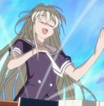  blonde_hair choe_myeong_hwa closed_eyes hand_on_own_chest highres light long_hair mahjong mahjong_tile non-web_source open_mouth saki school_uniform screencap solo 