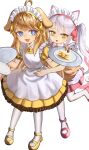  2girls :3 :d absurdres animal_ear_fluff animal_ears apron bell blue_hair bow brown_hair butter_(trickcal) cake cake_slice cat_ears cat_girl cat_tail commentary dog_ears dog_girl dog_tail dress fang food foot_out_of_frame frilled_dress frills hair_bow highres holding holding_tray jingle_bell kommy_(trickcal) long_hair looking_at_viewer maid maid_headdress multiple_girls neck_bell open_mouth pantyhose pink_bow pink_shoes purple_eyes romaji_commentary shoes short_sleeves simple_background smile standing standing_on_one_leg swept_bangs tail tray trickcal twintails white_apron white_background white_pantyhose yellow_dress yellow_eyes yellow_shoes zen.nico 