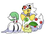  3others ampharos black_eyes bob_cut chikorita closed_eyes colored_skin commentary_request dress gardevoir green_hair green_skin mega_ampharos mega_evolution_symbol mega_gardevoir multiple_others pokemon pokemon_(creature) pokemon_legends:_z-a red_eyes simple_background tensan_oekaki white_background white_dress yellow_skin 
