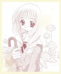  1girl 2000s_(style) bow bowtie braid closed_mouth closed_umbrella commentary_request flower greyscale holding holding_umbrella long_hair long_sleeves looking_at_viewer monochrome one_-_kagayaku_kisetsu_e sailor_collar satomura_akane shikishi shirt smile solo todoemon twin_braids umbrella upper_body 