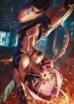  1girl absurdres aiming aiming_at_viewer blurry blurry_background braid city cyberpunk:_edgerunners cyberpunk_(series) cyborg firing firing_at_viewer gun highres holding holding_gun holding_weapon long_hair mask mechanical_arms mechanical_hips mechanical_legs midair monori_rogue mouth_mask navel pink_hair single_braid skin_seams solo stomach talia_yang upside-down very_long_hair weapon 