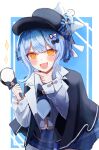  1girl :d absurdres bird_hat_ornament black_bow black_bowtie black_capelet black_hat blue_background blue_hair blue_necktie blue_skirt border bow bowtie braid braided_hair_rings capelet collared_shirt commentary_request cowboy_shot deerstalker grey_vest hair_bow hair_rings hat hat_bow highres holding holding_magnifying_glass l_hand long_sleeves magnifying_glass mahou_shoujo_no_majo_saiban muuma necktie open_mouth plaid_clothes plaid_skirt shirt short_hair skirt smile solo sparkle tachibana_sherry vest white_border white_shirt yellow_eyes 