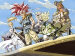  1other 3boys 3girls anniversary ayla_(chrono_trigger) bag bandeau bare_shoulders bike_shorts black_cloak black_gloves black_shorts blonde_hair blue_sky blue_tunic boots breasts brown_boots cavewoman chrono_trigger cleavage clenched_hand cloak commentary_request copyright_name crono_(chrono_trigger) cross-shaped_pupils crossbow curly_hair frog_boy fur_bandeau fur_boots furrowed_brow glasses glenn_(chrono_cross) gloves grey_bandeau grey_boots grey_hair grey_pants headband headset helmet highres holding holding_crossbow holding_sword holding_weapon horizontal_pupils long_hair lucca_ashtear magus_(chrono_trigger) marle_(chrono_trigger) medium_breasts multiple_boys multiple_girls muscular muscular_male neckerchief orange_tunic pants pointy_ears ponytail purple_hair purple_pants red_cloak red_hair robo_(chrono_trigger) robot romper sandals shading_eyes short_hair shorts shoulder_bag sitting_on_shoulder sky spiked_hair sword symbol-shaped_pupils toriyama_akira_(style) tunic weapon white_headband white_romper yamuchasiyagatte yellow_neckerchief 