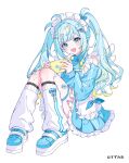  1girl :d bandaid bandaid_on_knee bandaid_on_leg blue_eyes blue_hair blue_nails blue_shoes brave_group candy cellphone character_name commentary_request crossed_bandaids crown_hair_ornament food full_body hair_ornament heart heart_hair_ornament highres holding holding_candy holding_food holding_lollipop holding_phone jersey_maid key_hair_ornament lollipop loose_socks maid nanoha_suzu official_art open_mouth phone platform_shoes shoes simple_background sitting smile socks solo tatejima_uri thigh_strap twintails unconventional_maid virtual_youtuber wings 