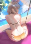  1girl animal_ear_fluff animal_ears back bare_legs beach beach_umbrella bikini blue_archive blush brown_hair commentary english_commentary fox_ears fox_girl from_behind green_eyes halo highres looking_at_viewer looking_back mat median_furrow otogi_(blue_archive) otogi_(c108_swimsuit)_(blue_archive) outdoors palm_leaf profile rancidronin sitting solo swimsuit umbrella visor_cap yellow_bikini 