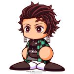  1boy artist_request belt black_shirt black_shoes brown_eyes brown_hair checkered_haori commentary_request copyright_notice crossover haori highres japanese_clothes jikkyou_powerful_pro_yakyuu jikkyou_powerful_pro_yakyuu_(style) kamado_tanjirou multicolored_shoes no_mouth official_art power_pro_appli rayman_limbs scar scar_on_face scar_on_forehead shirt shoes short_hair solo tachi-e two-tone_shoes white_background white_belt white_shoes 