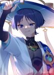  1boy :d akasaki_aimu anemo_symbol_(genshin_impact) bishounen black_bodysuit black_bridal_gauntlets black_hair blue_cape blue_gem blue_hat blue_jingasa blue_kimono blue_sleeves blunt_ends bodysuit bridal_gauntlets cape choppy_bangs closed_mouth commentary_request covered_collarbone curled_fingers eyelashes eyeliner fingernails furisode gem genshin_impact gold grey_pupils hand_up hat highres japanese_clothes jingasa juban kimono layered_sleeves looking_at_viewer makeup male_focus mandarin_collar open_clothes open_kimono pink_lips pom_pom_(clothes) portrait purple_eyes red_eyeliner scaramouche_(genshin_impact) short_sleeves shoulder_peek side_cape sidelighting smile solo tongue tongue_out twitter_username uneven_eyes wanderer_(genshin_impact) white_background white_kimono white_sleeves 