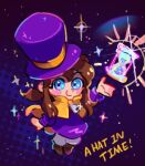  1girl a_hat_in_time blue_eyes blush_stickers boots brown_boots brown_hair cape child closed_mouth commentary copyright_name full_body grey_pants halftone hand_up hat hat_kid hat_ribbon hourglass jacket long_hair long_sleeves looking_at_viewer neroneroblack open_hands pants ponytail purple_hat purple_jacket ribbon sidelocks smile solo sparkle sparkling_aura top_hat yellow_cape yellow_ribbon zipper_pull_tab 