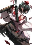  1girl absurdres ametonalu arm_guards arrow_(projectile) black_hair black_wings bow_(weapon) commentary_request detached_sleeves feathered_wings from_behind from_side geta hat highres holding holding_arrow holding_bow_(weapon) holding_weapon japanese_clothes pointy_ears quiver sandals shameimaru_aya short_hair solo tengu tengu-geta tokin_hat touhou unworn_sandals weapon wings 