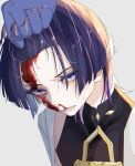  1boy bangs_pinned_back black_bodysuit black_hair blood blood_from_forehead blood_on_face blunt_ends bodysuit clenched_teeth colored_eyelashes colored_inner_hair commentary_request covered_collarbone fang genshin_impact grabbing_another's_hair grey_hair highres holding_another's_hair japanese_clothes kimono looking_at_viewer male_focus mandarin_collar multicolored_hair nosebleed open_clothes open_kimono portrait purple_eyes purple_hair purple_hands scaramouche_(genshin_impact) shoulder_peek sidelighting solo streaked_hair tarou_ota0 teeth tsurime upturned_eyes wanderer_(genshin_impact) white_background white_kimono 