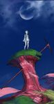  1girl aqua_hair blue_dress blue_hair boots collar collarbone dress eureka_(eureka_seven) eureka_seven_(series) full_body full_moon grass highres loading_(104d1n9) moon mountain mountainous_horizon night purple_eyes short_hair solo standing thigh_strap thighhighs white_boots white_dress 