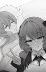  1boy 1girl absurdres bite_mark blush breasts closed_eyes giving_up_the_ghost greyscale guy_tired_after_sex_(meme) hair_ornament highres implied_after_sex large_breasts licking lipstick_mark looking_at_viewer lying meme monochrome namikare on_back on_bed pointy_ears remielle_dan sunken_cheeks v wise_(zenless_zone_zero) zenless_zone_zero 