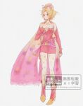  1girl blonde_hair boots breasts cape commentary_request dress earrings ff14hioo_oo7 final_fantasy final_fantasy_vi full_body gold_trim hair_ribbon hand_on_own_chest high_heel_boots high_heels jewelry korean_commentary medium_breasts pantyhose parted_bangs pink_cape pink_ribbon ponytail print_pantyhose red_boots red_dress ribbon sash short_dress solo standing strapless strapless_dress terra_branford tube_dress waist_sash white_background 