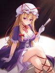  1girl blonde_hair bow breasts chinese_commentary choker chunjiu cleavage closed_mouth collarbone commentary_request crossed_legs dress folded_fan folding_fan frilled_sleeves frills gloves hair_between_eyes hair_bow hand_fan hat hat_ribbon highres holding holding_fan large_breasts long_hair looking_at_viewer mob_cap purple_dress purple_eyes red_bow red_ribbon ribbon ribbon_choker sitting smile solo thighs touhou very_long_hair white_gloves white_hat yakumo_yukari 