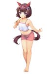  1girl absurdres animal_ears barefoot brown_hair camisole commentary_request ear_covers food full_body hair_ornament hairband highres horse_ears horse_girl horse_tail leaning_forward looking_at_viewer midriff navel nishino_flower_(umamusume) pink_hairband pink_shorts popsicle purple_eyes short_hair shorts simple_background solo spaghetti_strap tail umamusume white_background white_camisole x_hair_ornament yashin_(yasinz) 