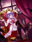  1girl absurdres alcohol ascot bat_(animal) bat_wings bloomers blue_hair blush bow brooch brown_thighhighs closed_mouth commentary_request crossed_legs cup curtains drinking_glass eyes_visible_through_hair fang feet foot_focus frills from_below full_moon hair_bow hair_over_one_eye hat highres holding holding_cup jewelry looking_at_viewer medium_hair moon pink_hat poker_face1225 red_ascot red_bow red_eyes remilia_scarlet scrunchie sitting skin_fang smile solo thighhighs throne touhou white_background white_bloomers wine wine_glass wings wrist_scrunchie zettai_ryouiki 