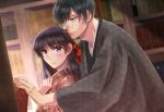  1girl adam&#039;s_apple adam's_apple black_hair blush book bookshelf bow brown_eyes glasses hair_bow hand_up indoors izumi_(stardustalone) japanese_clothes kimono leaning_forward long_hair original red_kimono renri_no_chigiri_wo_kimi_to_shiru smile upper_body 