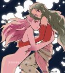  2girls bare_shoulders breasts closed_mouth colored_skin commentary_request cowboy_shot detached_sleeves dress dual_persona final_fantasy final_fantasy_vi floating green_hair highres hug ika_okura_66 long_hair medium_breasts monster_girl multiple_girls pantyhose parted_bangs pink_eyes pink_hair pink_skin pointy_ears print_pantyhose purple_eyes red_dress red_sleeves sash smile strapless strapless_dress terra_branford trance_terra_branford tube_dress twintails waist_sash 