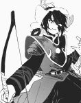 absurdres arm_wrap armor batu_(tenmaku_no_jaadugar) black_hair bow_(weapon) braid braided_hair_rings commentary_request fur-trimmed_collar fur_trim gigantea_pp hair_rings hat hat_feather highres holding holding_bow_(weapon) holding_weapon messy_hair mongolian_clothes partially_shaded_face pauldrons shoulder_armor tagme tenmaku_no_jaadugar weapon 