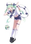 1girl absurdres black_choker black_shoes blue_eyes blue_neckerchief blue_ribbon blue_sailor_collar blue_shorts chico_(yuzuha_riko) choker collarbone commentary_request full_body g_godocbaek green_hair hair_ribbon hat highres holding holding_swim_ring kneehighs korean_commentary lifebuoy loafers long_hair midriff multicolored_hair navel neckerchief open_mouth ribbon sailor_collar sailor_hat sailor_shirt shirt shoes short_sleeves shorts simple_background socks stellive streaked_hair swim_ring thigh_strap twintails virtual_youtuber white_background white_hair white_hat white_shirt white_socks 
