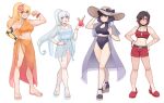  4girls alternate_hairstyle biceps bikini bikini_shorts black_bikini black_bow black_choker black_hair blake_belladonna blonde_hair blue_eyes blush bow bracelet breasts brown_hat choker cleavage clenched_hand closed_mouth commentary covered_navel crocs cup drink drinking_straw english_commentary eyelashes flexing flower food full_body gradient_hair grey_eyes hair_flower hair_ornament hand_on_own_hip hands_on_own_hips hat hat_bow highres holding holding_cup holding_drink holding_food holding_popsicle jacket jewelry legs_apart lips long_hair long_sleeves mechanical_arms multicolored_hair multiple_girls nail_polish navel necklace o3ohi one_eye_closed orange_bikini orange_nails orange_sarong pink_flower ponytail popsicle prosthesis prosthetic_arm purple_eyes red_hair red_shoes ruby_rose rwby sandals sarong see-through_clothes see-through_jacket shoes short_hair short_sleeves shorts sidelocks simple_background single_mechanical_arm smile standing stomach swimsuit tanlines toenail_polish toenails toes two-tone_hair very_long_hair weiss_schnee white_background white_bikini white_hair white_sandals wide_brim yang_xiao_long 