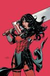  1girl absolute_dc absolute_wonder_woman armor artist_collaboration black_hair blue_eyes circlet commentary dc_comics english_commentary highres holding holding_sword holding_weapon huge_weapon long_hair looking_at_viewer pants pauldrons pelvic_curtain rachel_dodson red_background red_pants shoulder_armor signature simple_background solo sword terry_dodson weapon wonder_woman wonder_woman_(absolute_dc) 