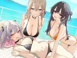  3girls :d absurdres bare_arms bikini black_bikini black_choker black_hair black_scrunchie blue_eyes blue_sky blush breasts brown_hair choker cleavage cloud collarbone colored_inner_hair day green_eyes grey_hair grin hair_between_eyes hair_bun hair_ornament hair_scrunchie harenchi highres large_breasts long_hair looking_at_viewer lying medium_breasts multicolored_hair multiple_girls navel ocean open_mouth orange_bikini original outdoors pink_hair railing red_eyes scrunchie sidelocks sky smile striped_bikini striped_clothes sweat swimsuit twintails two-tone_hair voice_drama_available 