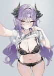  1girl absurdres black_bra black_panties blush bra breasts cleavage closed_mouth clothes_lift commentary dragon_girl dragon_horns furrowed_brow grey_background hand_up highres horns lamancha_1110 large_breasts long_hair looking_at_viewer navel outstretched_arm panties pointy_ears print_shirt purple_hair sakihane_huya shirt shirt_lift short_sleeves simple_background solo standing stellive stomach sweat thighs underwear very_long_hair virtual_youtuber white_shirt yellow_eyes 